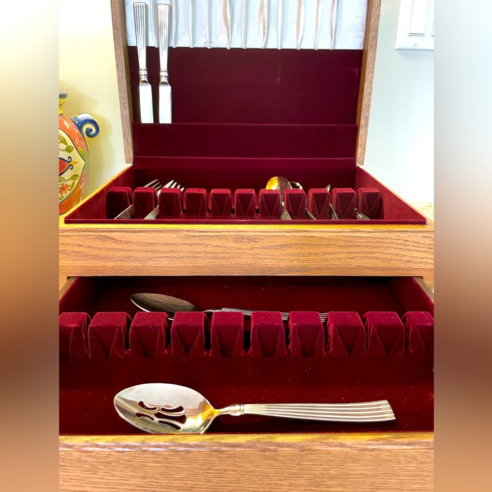 Wooden, velvet- lined Silverware chest